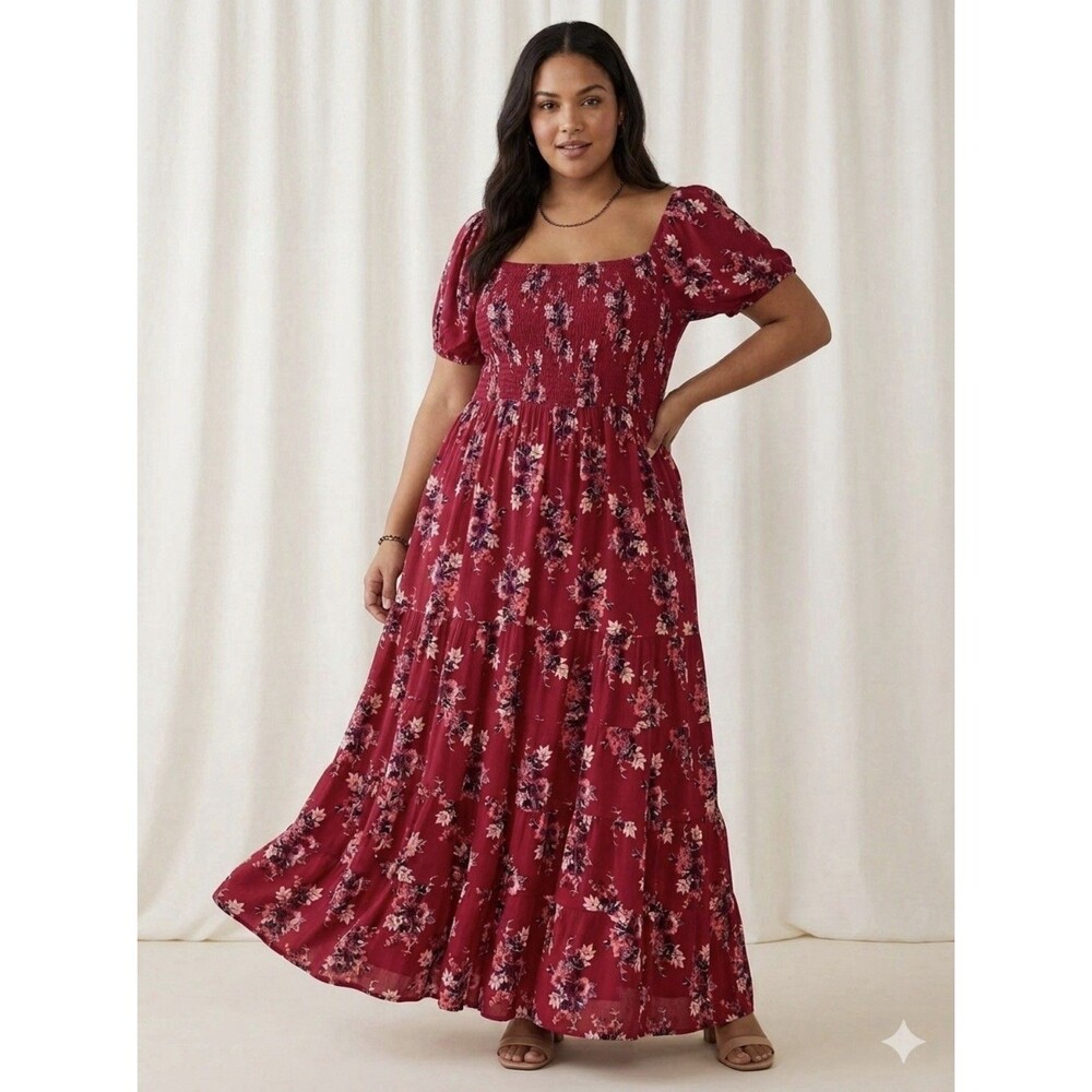 Maxi Dress Women’s 3X Pink Floral Smocked Puff Sleeve Cottage Fairy Boho Lined